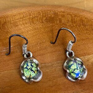 Green Dichroic Glass Dangle Drop Earrings .925 Sterling Silver Mexico Artisan